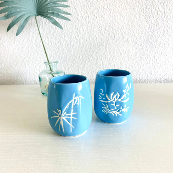 Vintage Blue Japanese Teacups - Floral Ceramic Mugs - Mid Century Modern
